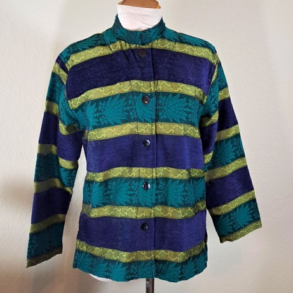Chico’s Women’s Jacket Turquoise Purple Green Stripe Front Button Size 0 =XS 4/6